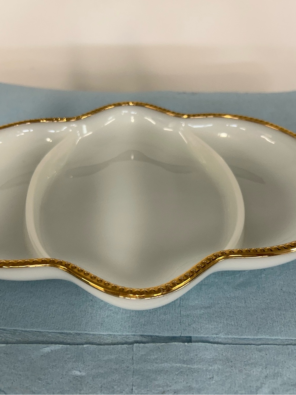 White Porcelain Divided Serving Dish with Gold Trim Accent